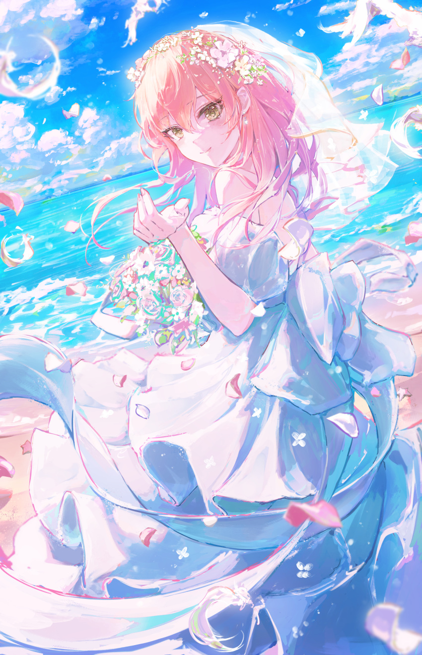 1girl absurdres back_bow blue_sky blush bouquet bow bridal_veil bride cloud dress falling_feathers falling_petals floating_hair fuunyon head_wreath highres holding holding_bouquet idolmaster idolmaster_cinderella_girls jougasaki_mika light_smile looking_at_viewer looking_back off-shoulder_dress off_shoulder petals pink_hair reaching_out sky solo veil white_dress