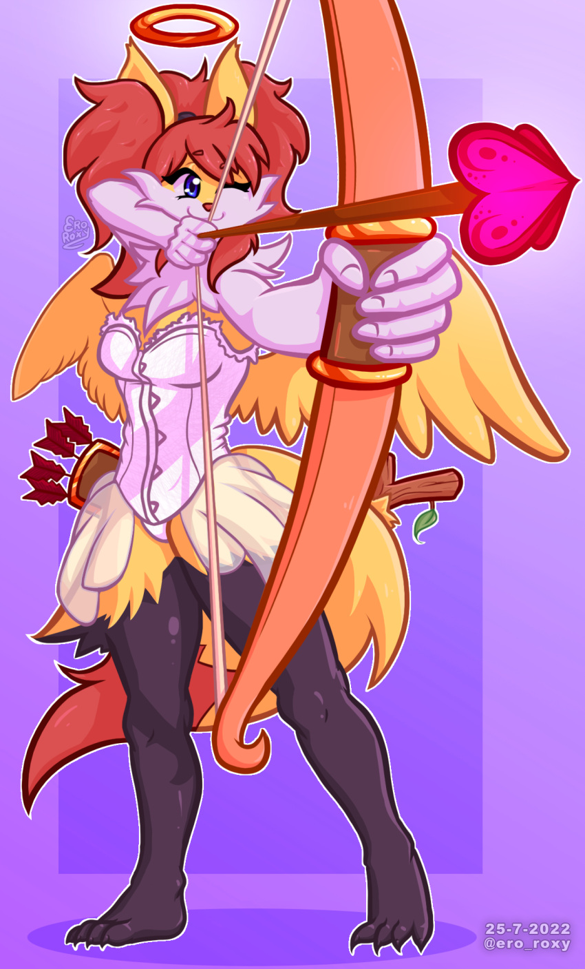 5_fingers angel anthro archer arrow_(weapon) blue_eyes bow_(disambiguation) braixen branch breasts canid canine clothing cupid ero_roxy feet female fingers fox fur generation_6_pokemon gold_(metal) gold_jewelry hair halo head_tuft hi_res jewelry leaf lingerie lucy mammal nintendo pokemon pokemon_(species) ponytail purple_background ranged_weapon red_hair simple_background solo tail_tuft tuft tunic video_games weapon white_body white_fur wings