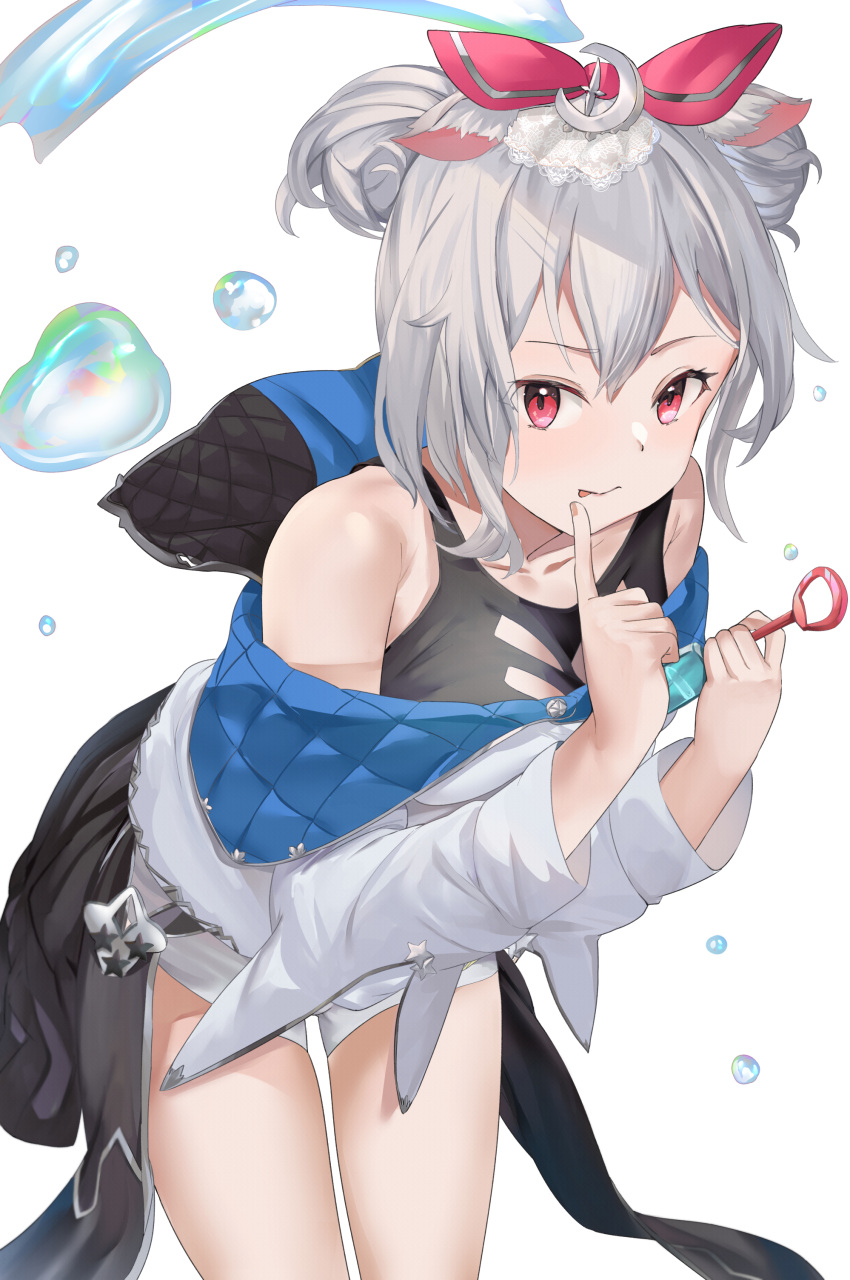 1girl :p absurdres black_tank_top bubble_wand closed_mouth collarbone commentary double_bun grey_hair hair_bun hair_ribbon highres holding jacket leaning_forward long_sleeves looking_at_viewer mosta_(lo1777789) off_shoulder open_clothes open_jacket original red_eyes red_ribbon ribbon short_shorts shorts simple_background smile solo symbol-only_commentary tank_top tongue tongue_out water white_background white_jacket white_shorts