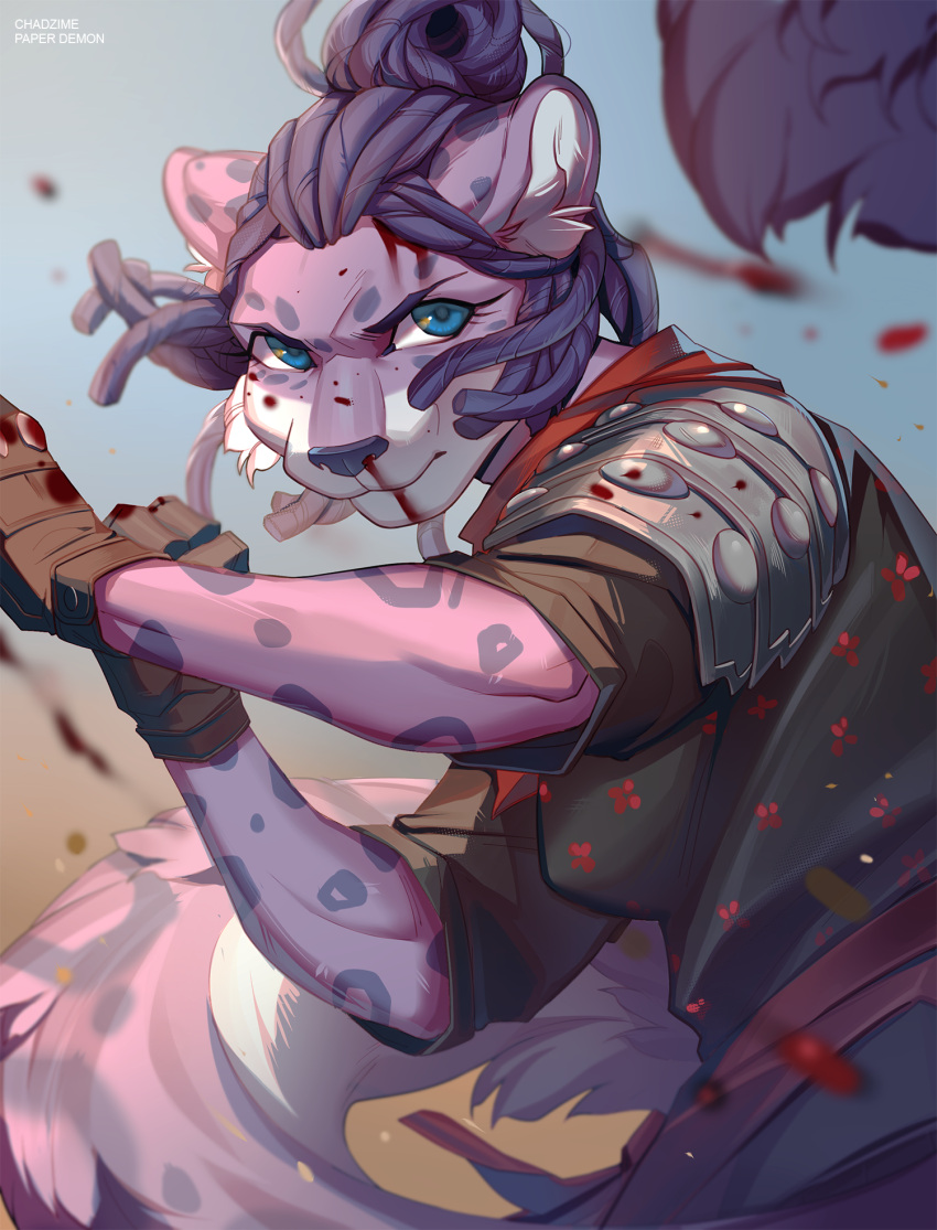 action_pose anthro armor blood blood_on_face bodily_fluids chadzime domestic_cat dreadlocks dynamic felid feline felis female hi_res legend_of_ahya leopard mammal natalia_ruyemov_(darkflamewolf) nosebleed pantherine paper_demon pose snow_leopard solo warrior