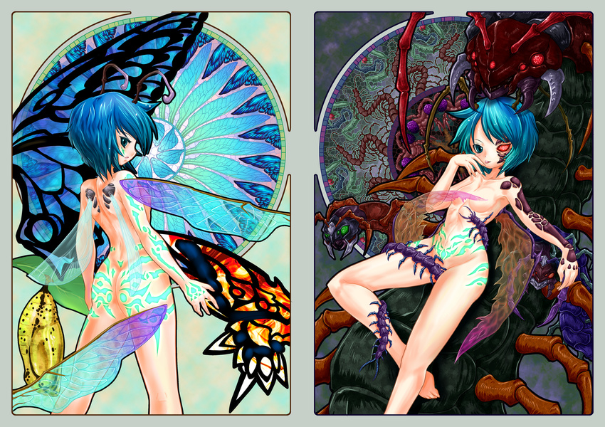 :p antennae barefoot bug butterfly butterfly_wings centipede fairy_wings flat_chest green_eyes green_hair highres insect insect_wings madara_inosuke nude short_hair tongue tongue_out touhou wings wriggle_nightbug