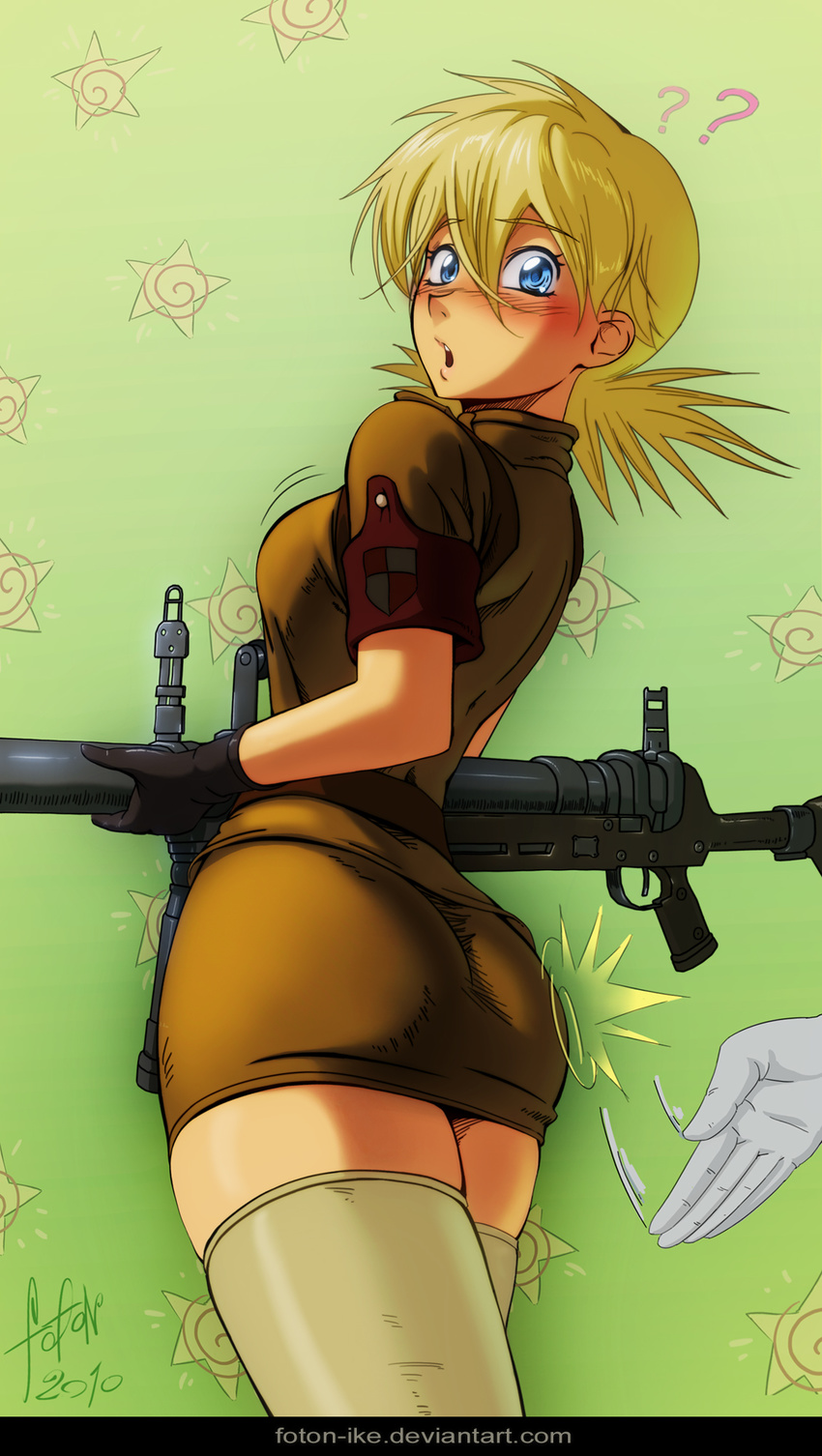 ? anti-materiel_rifle ass blonde_hair blue_eyes blush foton-ike gloves gun harkonnen_(gun) hellsing highres looking_back miniskirt open_mouth pencil_skirt rifle seras_victoria short_hair skindentation skirt sniper_rifle solo spanking thighhighs uniform weapon