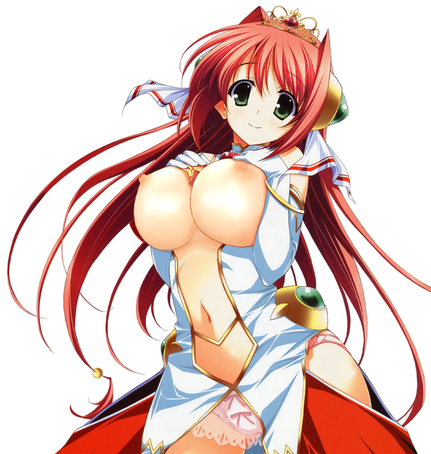 breast_suppress breasts breasts_outside center_opening daiuchuu_no_hokori green_eyes hair_ornament highres huge_breasts long_hair midriff miria_do_arcadia navel nipples no_bra open_clothes panties red_hair simple_background smile solo tiara underwear white_background yuuki_hagure