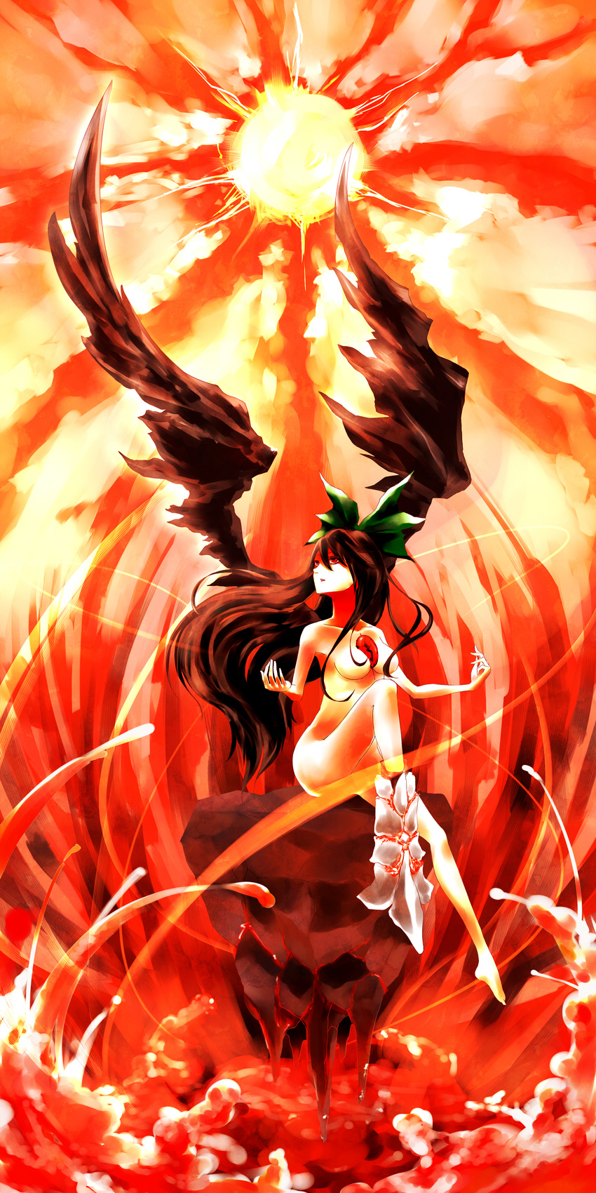absurdres bad_id bad_pixiv_id black_hair bow breasts censored convenient_censoring hair_bow hair_censor highres kagu_(a_hazy_moon) long_hair medium_breasts molten_rock nude red_eyes reiuji_utsuho rock shoes single_shoe solo sun touhou wings