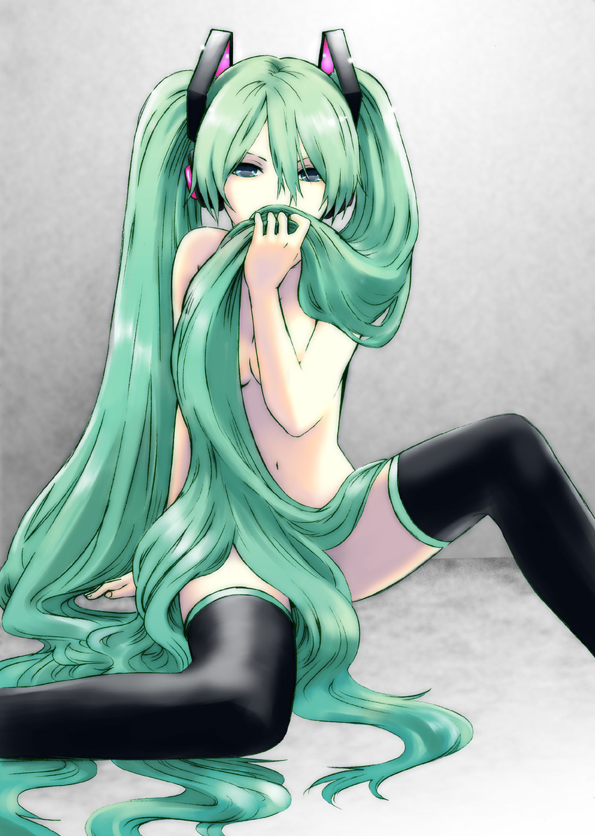 ak2 black_legwear censored convenient_censoring covering_mouth green_hair hands hatsune_miku highres long_hair nude solo thighhighs twintails very_long_hair vocaloid