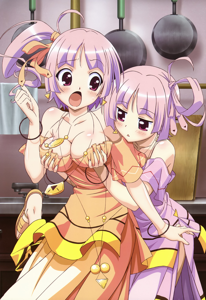 absurdres ahoge blush breast_grab breasts cleavage grabbing hair_ribbon highres kitchen large_breasts multiple_girls nagasaku_tomokatsu non-web_source nyantype open_mouth ponytail purple_eyes purple_hair ribbon ritos_tortilla salsa_tortilla sandals short_hair shukufuku_no_campanella siblings sisters