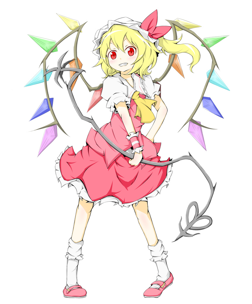 absurdres blonde_hair blush fang flandre_scarlet full_body hat highres karamoneeze laevatein mary_janes red_eyes shoes short_hair side_ponytail touhou transparent_background wings