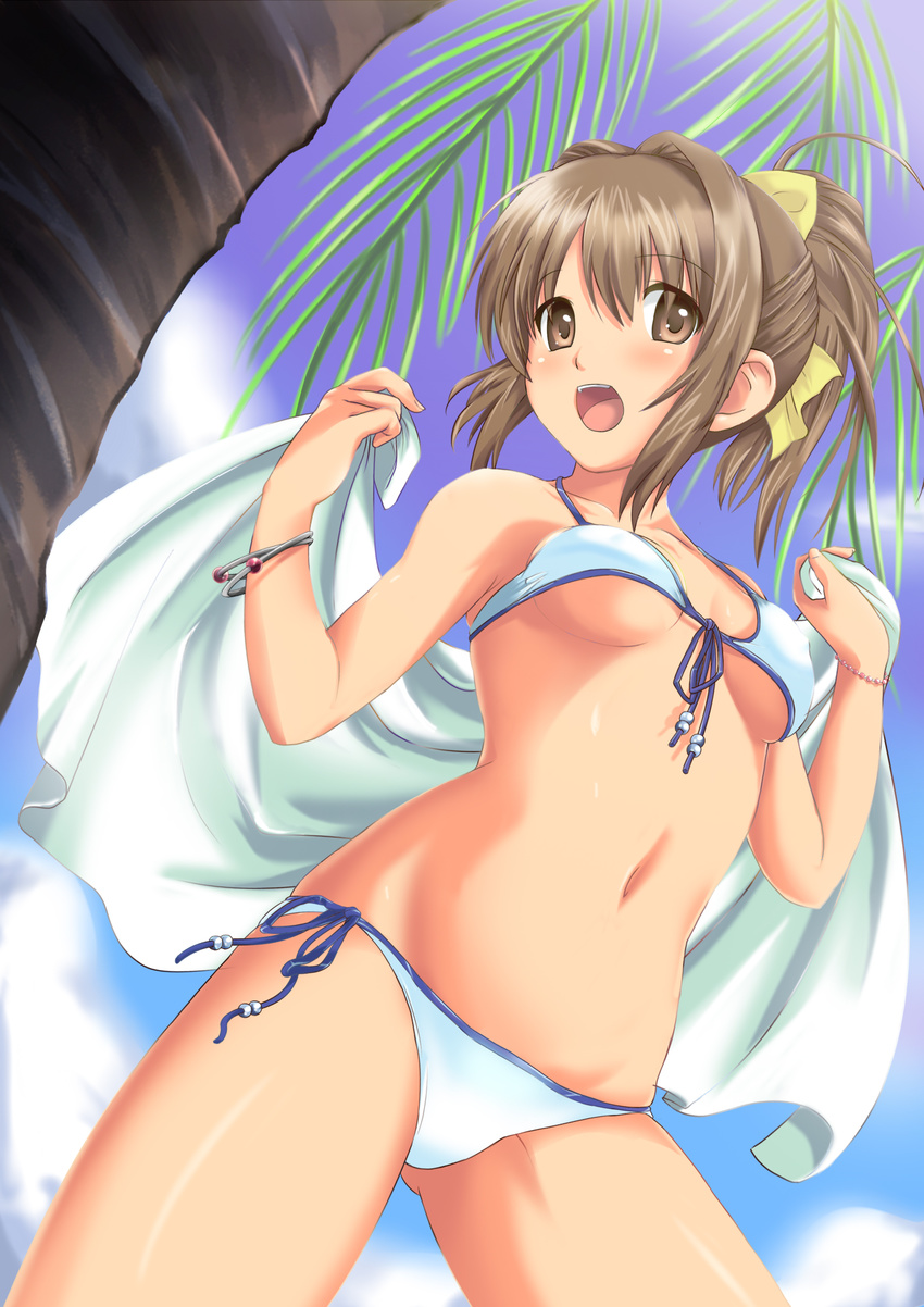 anonimasu bad_id bad_pixiv_id bikini blush bow bracelet breasts brown_eyes brown_hair cloud copyright_request day dutch_angle front-tie_top hair_bow highres jewelry medium_breasts navel open_mouth palm_tree shiny shiny_skin side-tie_bikini sky solo swimsuit tree underboob