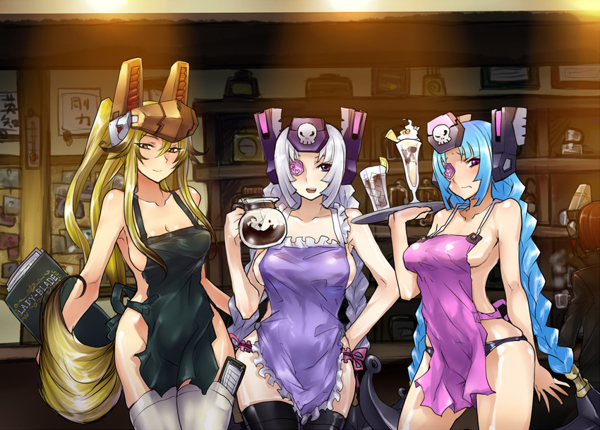 apron astro_mariah blonde_hair bloom_mariah blue_hair braid cosmic_break eyepatch izuna_kamui long_hair multiple_girls naked_apron skj thighhighs twin_braids white_hair