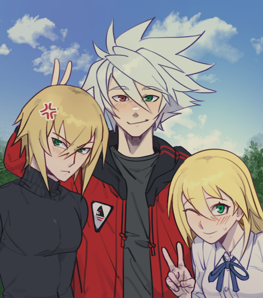 1girl 2boys ;) absurdres anger_vein black_sweater blazblue blonde_hair bunny_ears_prank cloud collared_shirt galadysp green_eyes heterochromia highres hood hoodie jin_kisaragi multiple_boys noel_vermillion one_eye_closed pouty_lips ragna_the_bloodedge red_eyes red_hoodie shirt siblings sky smile sweat sweater v white_hair white_shirt