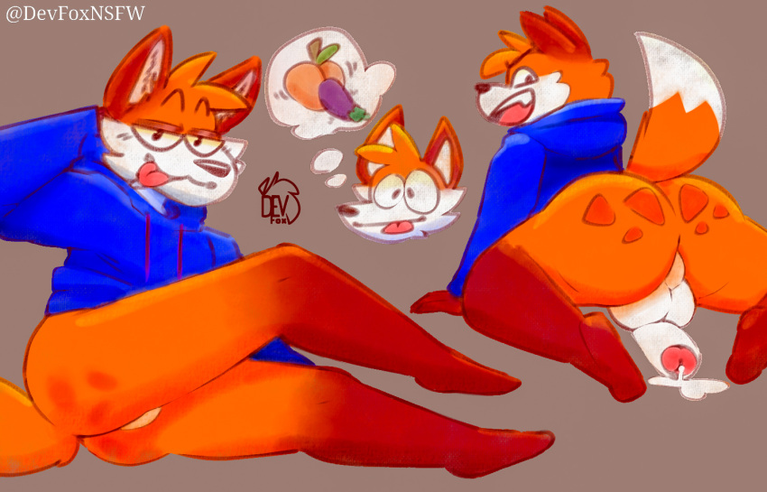 anthro balls big_butt bodily_fluids bottomless butt canid canine clothed clothing devfoxnsfw digital_drawing_(artwork) digital_media_(artwork) erection fox fur genital_fluids genitals hair hoodie humanoid_genitalia humanoid_penis looking_at_viewer male mammal orange_body orange_fur penis precum presenting shaded signature simple_background sketch smile solo soups_(superiorfox) tongue topwear