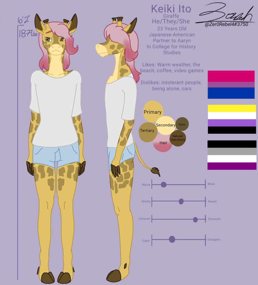 2022 absurd_res ambiguous_gender anthro asexual_pride_colors asian bisexual_pride_colors bottomwear brown_eyes clothed clothing cloven_hooves countershading cutoffs denim denim_clothing digital_media_(artwork) english_text fur giraffe giraffid girly hair hi_res hooves japanese jeans lgbt_pride long_hair long_neck mammal markings model_sheet nonbinary_(lore) nonbinary_pride_colors pants pink_hair pride_color_flag pride_colors shirt shorts solo spots spotted_body spotted_fur t-shirt tan_body tan_fur tan_markings text topwear trans_(lore) unguligrade_anthro yellow_body yellow_fur zer0rebel4