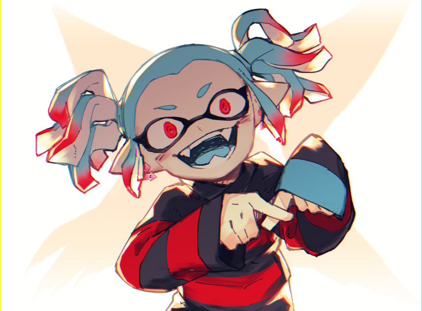 1girl :d blue_hair blue_tongue colored_tongue earrings fangs gradient_hair highres inari1369 inkling inkling_girl jewelry light_blue_hair long_sleeves looking_at_viewer multicolored_hair open_mouth pointy_ears red_eyes red_hair red_sole-chan_(splatoon) shirt short_hair sleeves_past_wrists smile solo splatoon_(manga) splatoon_(series) striped striped_shirt suction_cups teeth tentacle_hair twintails two-tone_hair x_fingers
