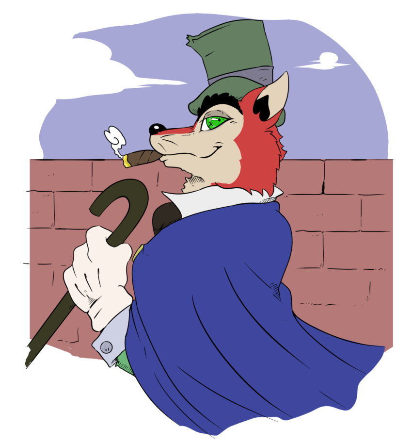 "honest"_john_foulfellow 2022 anthro brick brick_wall cane canid canine cape cigar cigar_in_mouth cigar_smoke clothed clothing cloud cloudscape ears_up fox fur gloves green_eyes half-length_portrait handwear hat headgear headwear hi_res holding_cane holding_object looking_back male mammal portrait reagan700 red_body red_fur side_view sky smile smoking solo top_hat topwear wall_(structure) whiskers