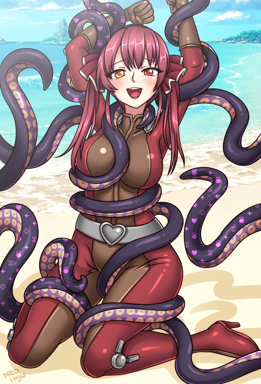 1girl absurdres beach bodysuit commission commissioner_upload consensual_tentacles heterochromia highres hololive houshou_marine injuotoko ninomae_ina'nis non-web_source ocean open_mouth red_eyes red_hair ribbon tentacles totally_spies yellow_eyes