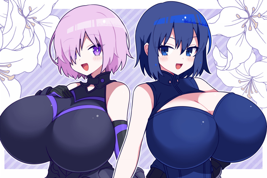 2girls alternate_breast_size armor armored_dress blue_eyes blue_hair breasts bright_pupils ciel_(tsukihime) cleavage dadadanoda dress elbow_gloves fate/grand_order fate_(series) gloves huge_breasts light_purple_hair looking_at_viewer mash_kyrielight multiple_girls powered_ciel purple_eyes purple_hair short_hair sleeveless sleeveless_dress smile tsukihime tsukihime_(remake)