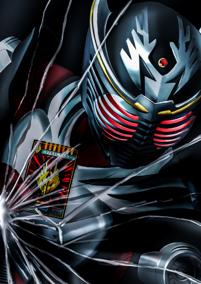 absurdres armor bodysuit breastplate broken_glass card crystal dragon_ornament formal gem glass helmet highres holding holding_card kamen_rider kamen_rider_ryuki kamen_rider_ryuki_(series) kidou_shinji looking_at_viewer mirror red_eyes red_gemstone red_suit suit tokusatsu user_pjyg3832