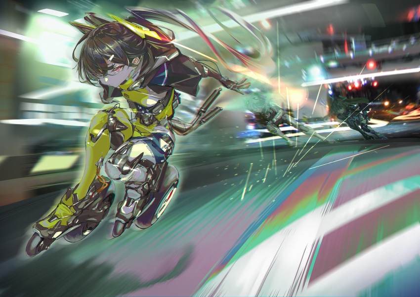 3girls afukuro black_hair cyborg engine english_commentary highres long_hair motion_blur multiple_girls orange_eyes original ponytail roller_skates shoujo_hatsudouki skates sparks speed_lines squatting