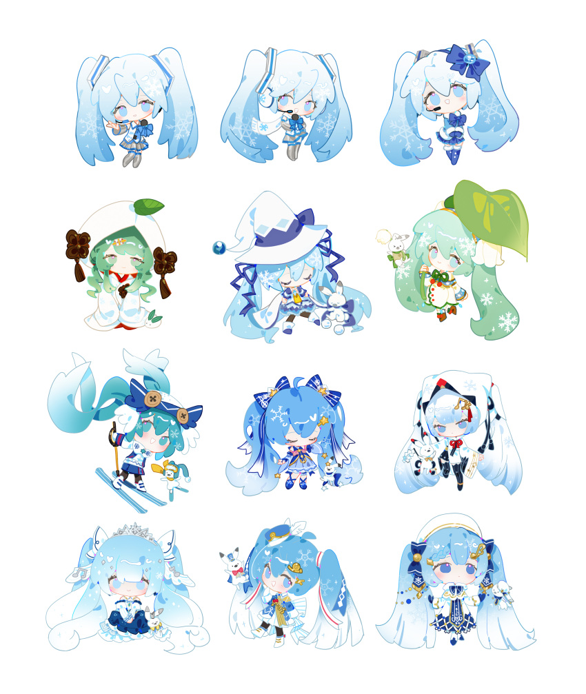 6+girls absurdly_long_hair absurdres aqua_hair bangs blue_eyes blue_hair blunt_bangs bow chinese_commentary closed_mouth commentary everyone flower gradient_hair green_hair hair_bow hat hatsune_miku highres holding holding_leaf indai_(3330425) japanese_clothes leaf lily_of_the_valley long_hair multicolored_hair multiple_girls multiple_persona rabbit rabbit_yukine smile snowflake_print snowflakes twintails very_long_hair vocaloid white_hair witch_hat yuki_miku yuki_miku_(2010) yuki_miku_(2011) yuki_miku_(2012) yuki_miku_(2013) yuki_miku_(2014) yuki_miku_(2015) yuki_miku_(2016) yuki_miku_(2017) yuki_miku_(2018) yuki_miku_(2019) yuki_miku_(2020) yuki_miku_(2021)
