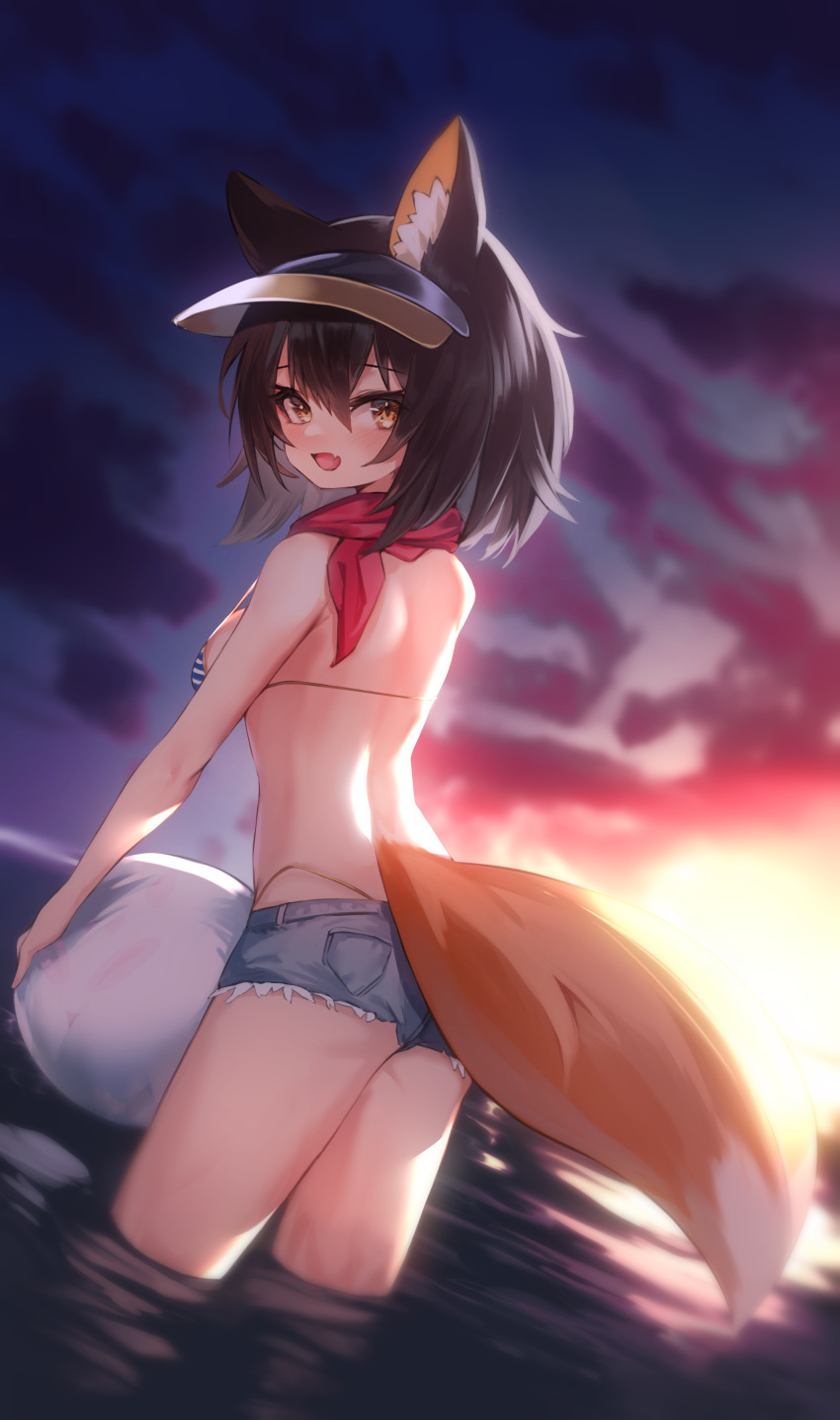 1girl absurdres animal_ear_fluff animal_ears aoinu_(aoinu_99) back bangs bikini blue_archive blue_shorts blush breasts brown_eyes brown_hair fox_ears fox_tail from_behind hair_between_eyes highres holding izuna_(blue_archive) izuna_(swimsuit)_(blue_archive) looking_at_viewer looking_back micro_shorts ocean open_mouth outdoors red_scarf scarf shorts solo striped striped_bikini swimsuit tail visor_cap wading water