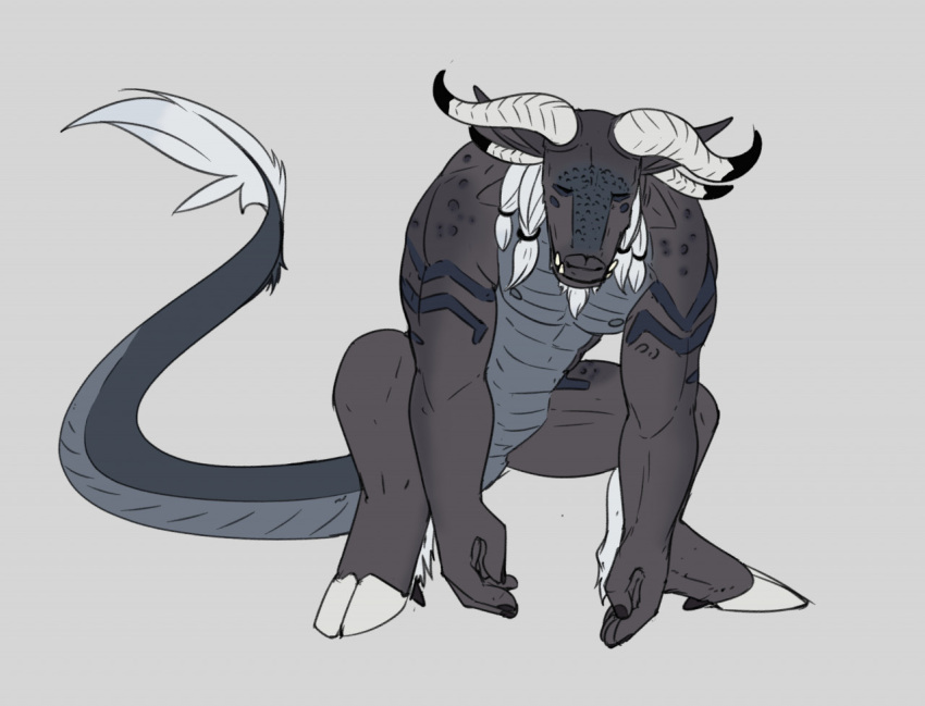 accessory alcelaphine antelope anthro bovid bovine eyes_closed gnu hair hair_accessory herpydragon horn hybrid looking_down mammal reptile reptile_tail scales scalie squat_position squatting_position varoch_(character)