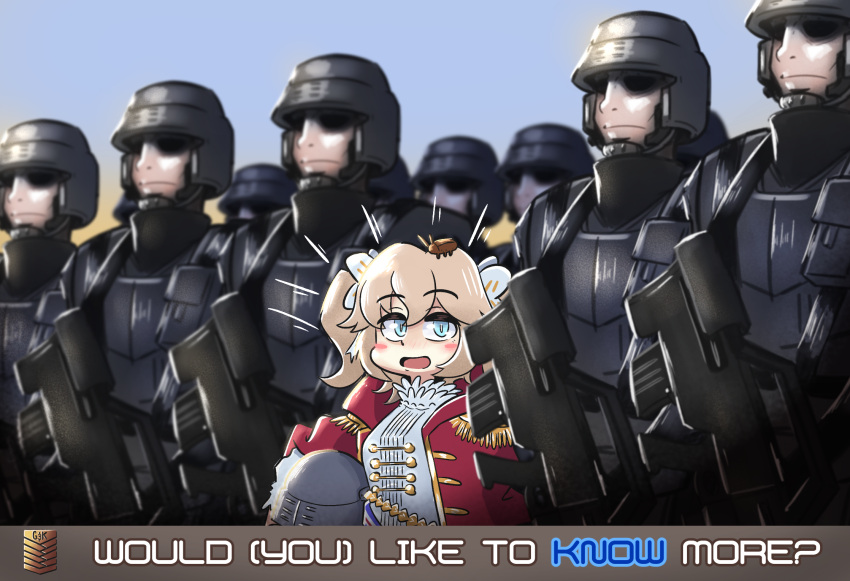 1girl blue_eyes blurry blurry_background bow brown_hair cape closed_mouth crossover dress english_commentary english_text expressionless frills girls'_frontline hair_bow helmet highres holding holding_helmet long_sleeves looking_ahead looking_at_viewer military military_uniform multiple_boys open_mouth red_cape ribbon serjatronic smile soldier starship_troopers two_side_up uniform upper_body webley_(girls'_frontline) white_bow white_dress