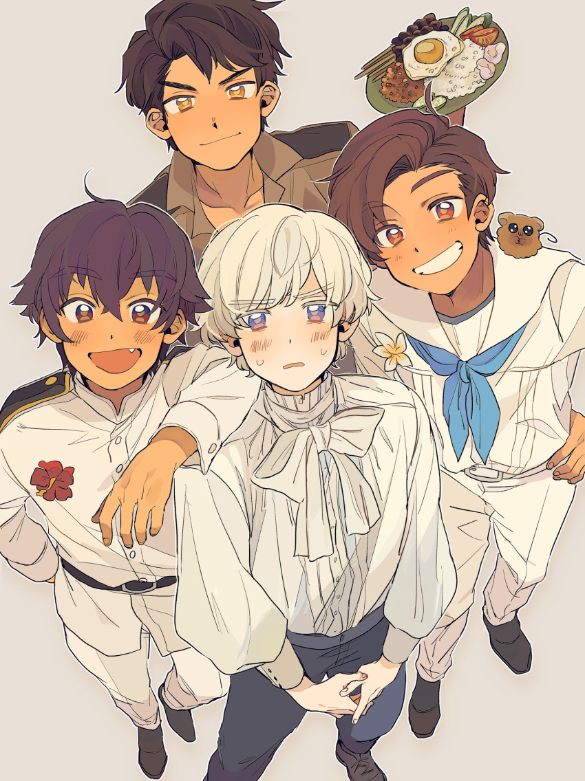 4boys animal_on_shoulder axis_powers_hetalia blonde_hair blue_neckerchief blush brown_eyes brown_hair dark-skinned_male dark_skin egg_(food) fang flower food grey_background grin hand_on_another's_shoulder highres holding holding_tray iceland_(hetalia) indonesia_(hetalia) looking_at_viewer malaysia_(hetalia) multiple_boys neckerchief ninonuko open_mouth philippines_(hetalia) rice sailor_collar smile tarsier tray white_sailor_collar