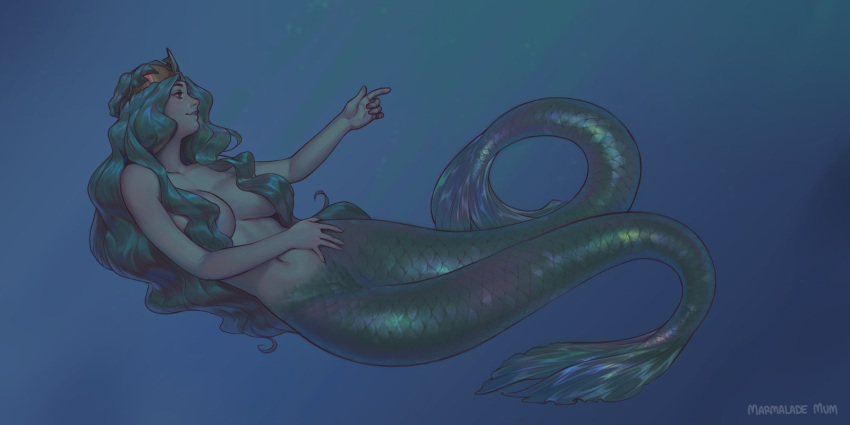 breasts convenient_censorship crown female green_body green_hair green_scales hair hair_covering_breasts hi_res long_hair marine marmalademum merfolk scales solo split_form starbucks starbucks_siren