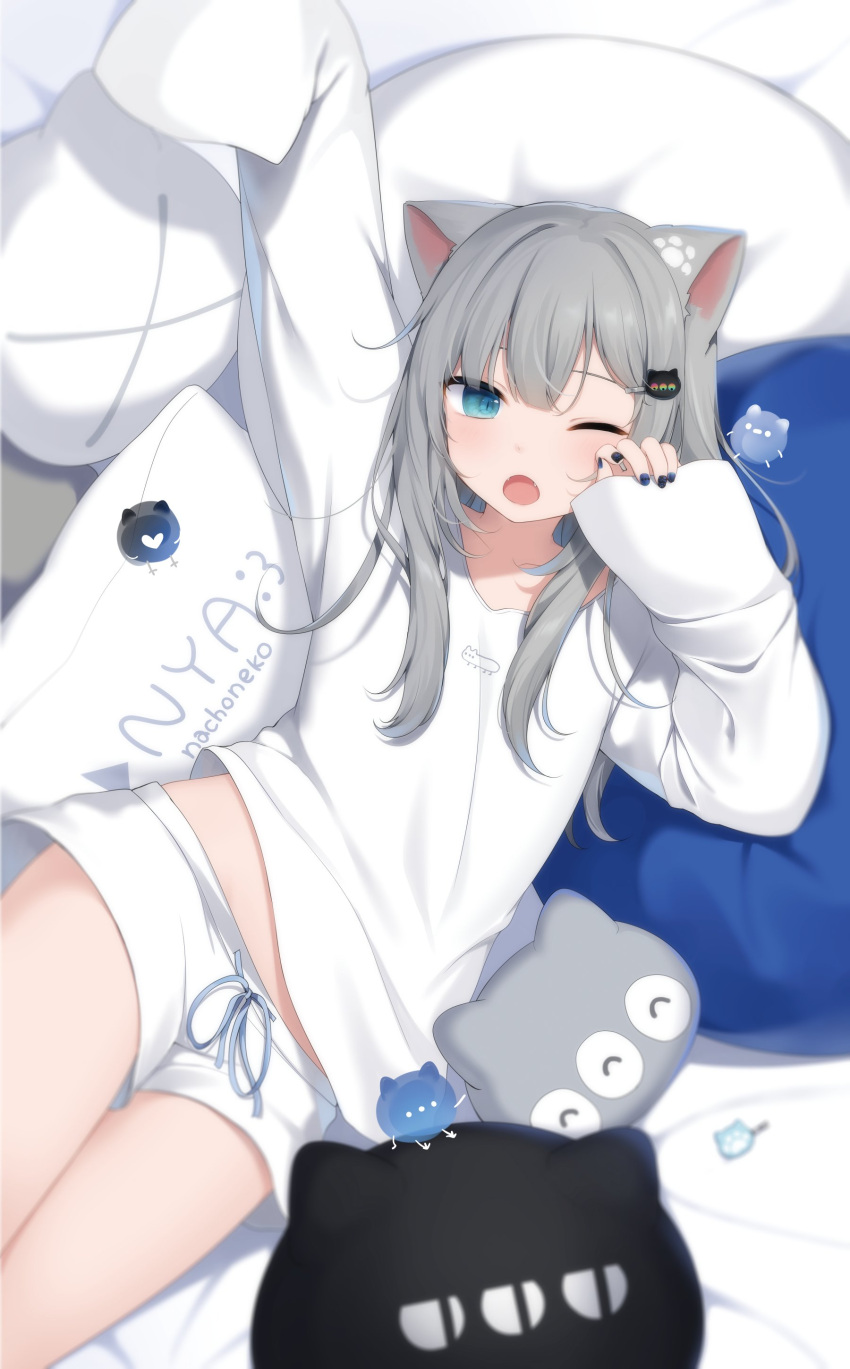 absurdres amashiro_natsuki animal_ears black_nails blue_eyes cat_ears cat_girl cat_pillow eyebrows_hidden_by_hair grey_hair highres indie_virtual_youtuber nachoneko nail_polish one_eye_closed original paw_hair_ornament sleepwear sleepy sleeves_past_fingers sleeves_past_wrists thighs virtual_youtuber