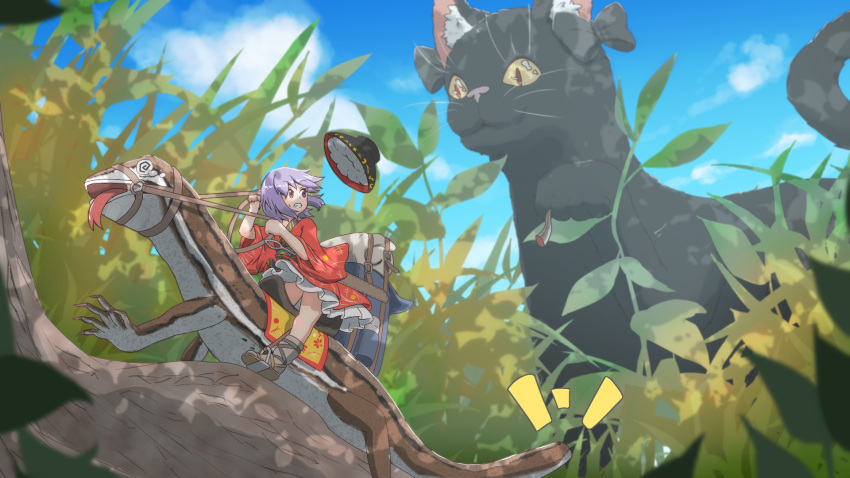 1girl @_@ black_cat blue_sky bowl bowl_hat cat clenched_teeth cloud day grass hat hat_removed headwear_removed highres japanese_clothes kaenbyou_rin kaenbyou_rin_(cat) kimono leaf looking_back minigirl obi palm_tree plant purple_hair riding_animal sash short_hair sky solo sukuna_shinmyoumaru tat_rous teeth touhou tree