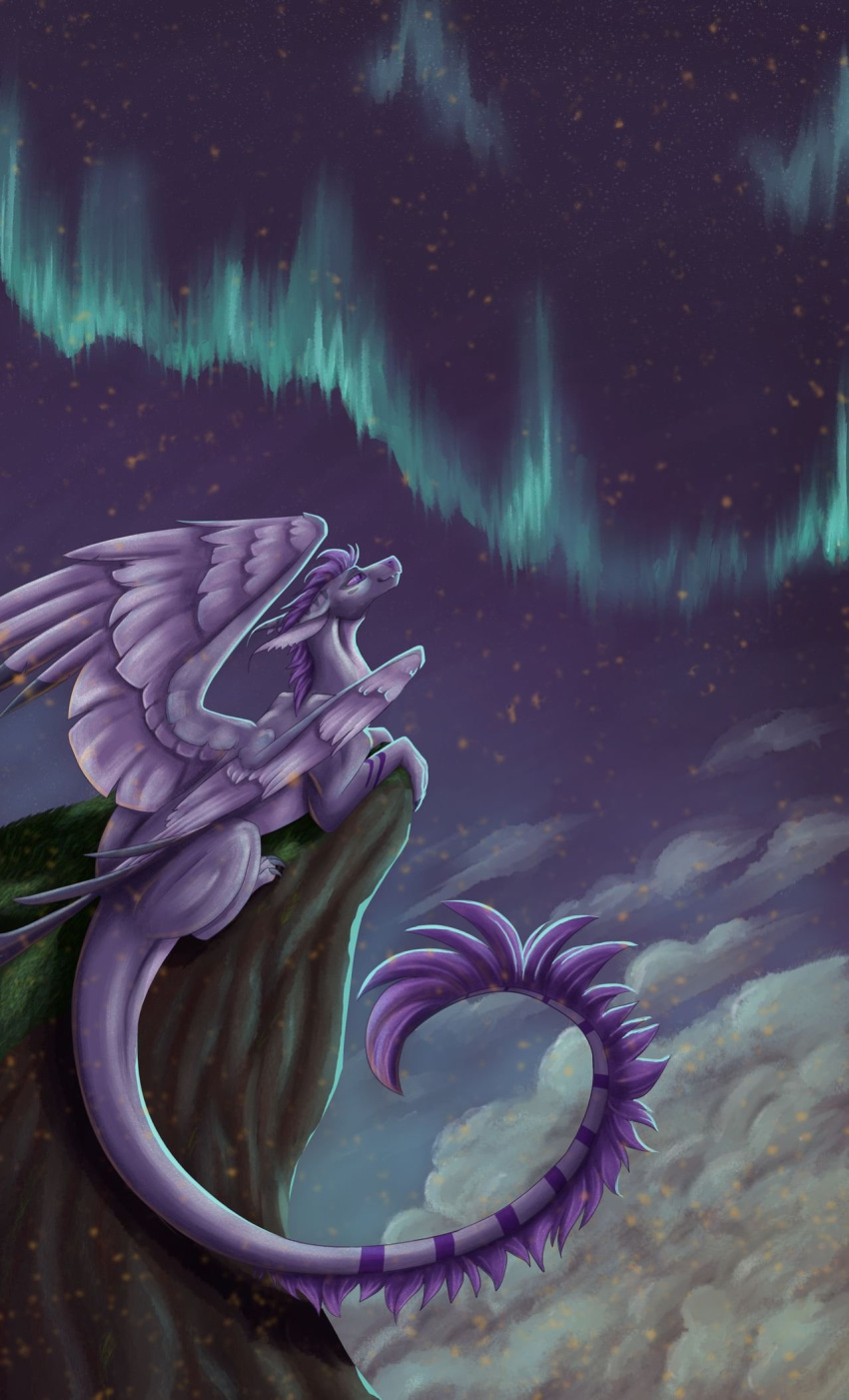 aurora_borealis claws cloud curled_tail dragon drugs ears_back embers feathered_wings feathers female feral gazing_off glistening hair hi_res long_tail mane merlot_songbird mountain night nude pivoted_ears purple_background purple_body purple_eyes purple_hair simple_background sitting smile snout solo stoned substance_intoxication toe_claws wings ych_(character)