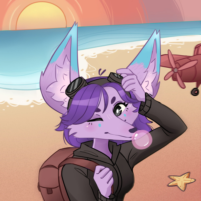 aircraft airplane anacarloinafan anthro backpack beach bubble_gum canid canine clothed clothing female fennec fox fur hair hi_res mammal one_eye_closed paige_saba pink_body pink_fur purple_hair seaside solo sunset wink