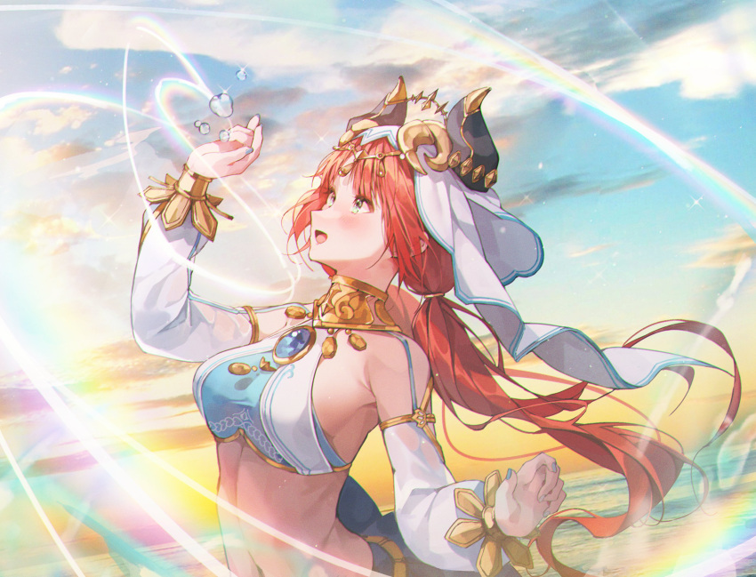 1girl :o aqua_eyes blue_nails blush breasts brooch circlet cloud crop_top detached_sleeves floating_hair from_side genshin_impact gold_trim hand_up highres jewelry long_hair long_sleeves looking_to_the_side looking_up low_twintails medium_breasts nail_polish navel neck_ring nilou_(genshin_impact) open_mouth patch_oxxo puffy_long_sleeves puffy_sleeves rainbow red_hair shirt sky solo stomach twintails upper_body vambraces water water_drop white_shirt
