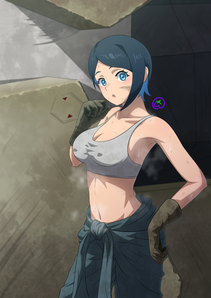 :o absurdres adamis0108 artist_logo bare_shoulders blue_eyes blue_hair blue_jumpsuit breasts brown_gloves collarbone colored_inner_hair covered_nipples dark_blue_hair dirty dirty_face gloves gundam gundam_suisei_no_majo hand_on_hip highres jumpsuit mechanic medium_breasts multicolored_hair navel nika_nanaura open_mouth rx-78-2 shirt short_hair stomach sweat sweating_profusely tank_top tied_jumpsuit white_shirt