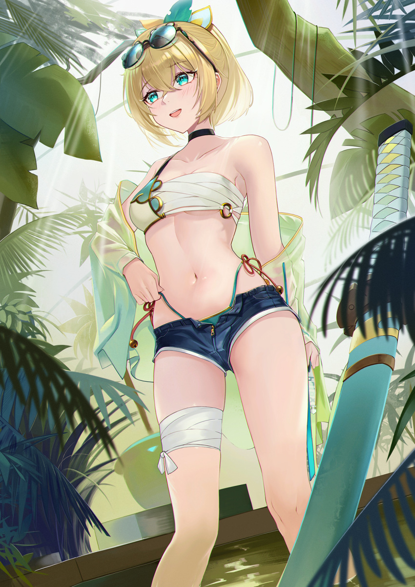 1girl anizi aqua_eyes arm_behind_back bandaged_leg bandages bangs bare_legs bare_shoulders bikini bikini_under_clothes black_choker blonde_hair blue_shorts breasts chest_sarashi choker commentary_request crossed_bangs denim denim_shorts dutch_angle eyewear_on_head feet_out_of_frame from_below highres hololive katana kazama_iroha leaf linea_alba long_sleeves looking_afar medium_breasts navel off_shoulder open_clothes open_fly outdoors parted_lips plant planted planted_sword ponytail potted_plant sarashi see-through short_hair short_shorts shorts single_strap solo standing stomach strap_pull swimsuit sword tinted_eyewear virtual_youtuber water weapon zipper_pull_tab
