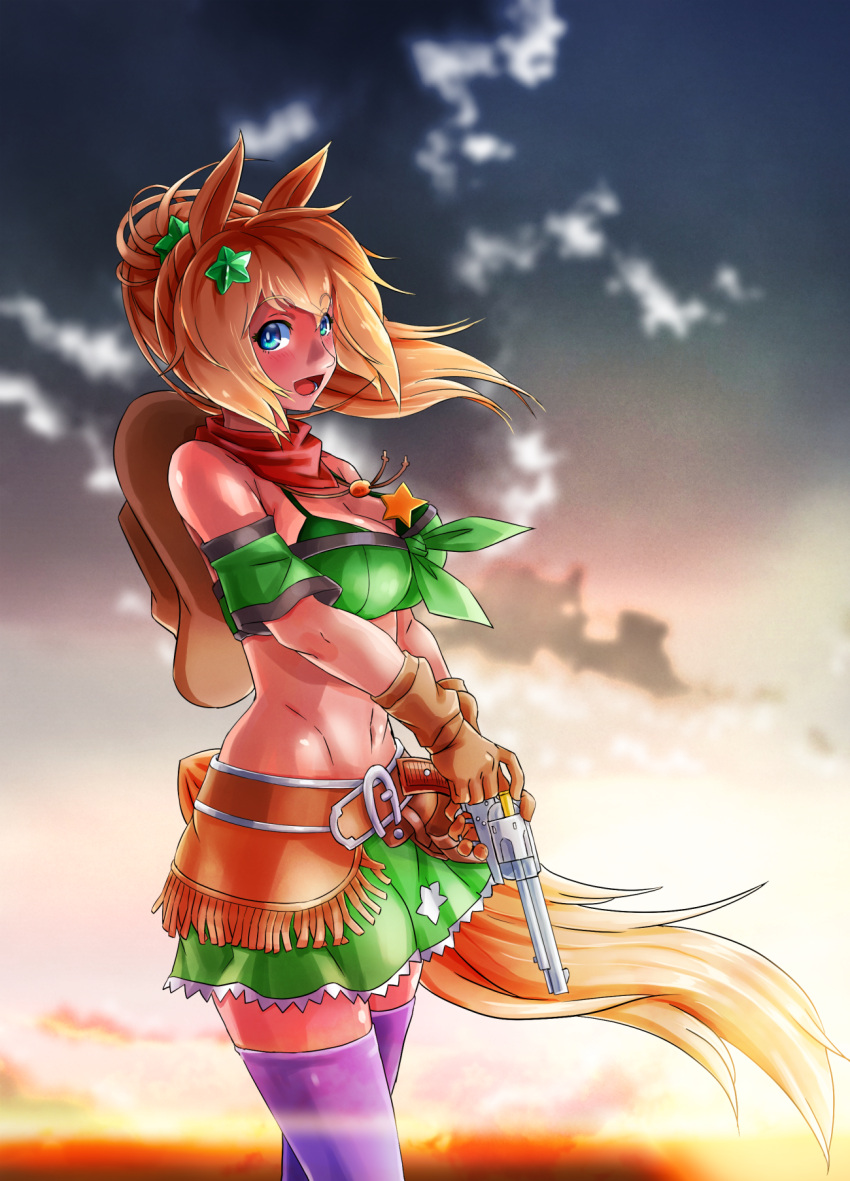 1girl :d animal_ears bandana bandeau bangs bare_shoulders belt bikini bikini_under_clothes blue_eyes breasts brown_belt brown_hair brown_headwear cleavage colt_single_action_army commentary_request cowboy_shot detached_sleeves green_skirt gun hair_ornament hat_on_back highres holding holding_gun holding_weapon horse_ears large_breasts long_hair looking_at_viewer midriff miniskirt navel open_mouth outdoors ponytail purple_thighhighs revision revolver short_sleeves skirt skirt_set smile solo standing star_(symbol) star_hair_ornament stomach swimsuit taiki_shuttle_(umamusume) tail thighhighs thighs umamusume weapon yuukiman_(yuukiman@pc_no_hd_shouten) zettai_ryouiki