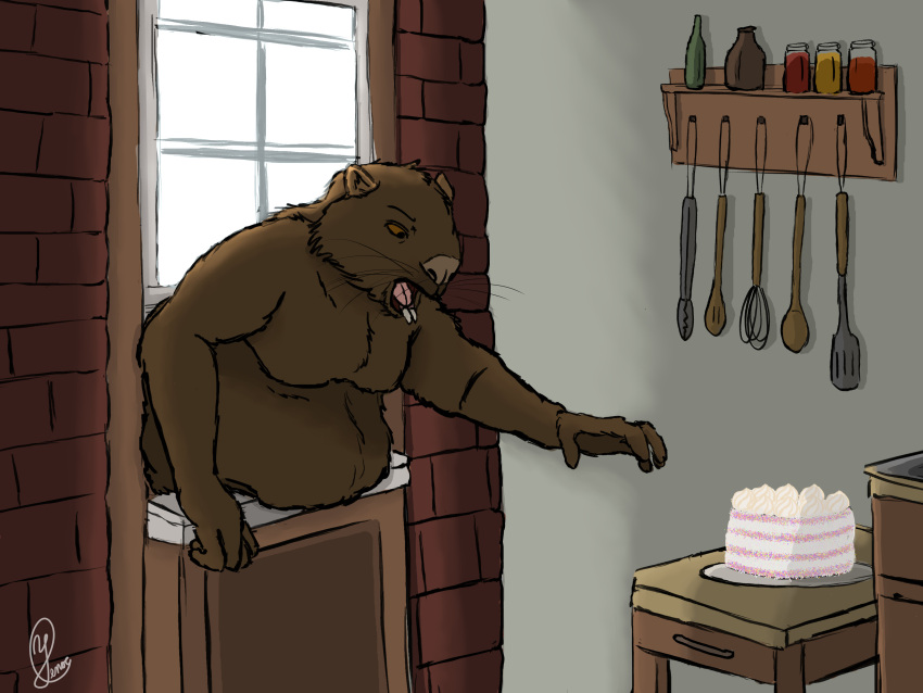 absurd_res anthro belly bottle brick brick_wall brown_body brown_eyes brown_fur cake cart chubby_male dessert food fur gluttony hi_res icing invalid_tag jar kinktober kitchen kitchen_utensils male mammal marsupial overweight reaching shaming shelf solo sprinkles stuck teeth tongue tools vombatiform wall_(structure) whiskers window wombat yenocwolf