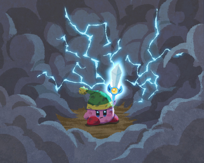 closed_mouth cloud dirty dirty_face glaring green_headwear holding holding_sword holding_weapon kirby kirby_(series) lightning looking_at_viewer miclot no_humans solo sword sword_kirby weapon