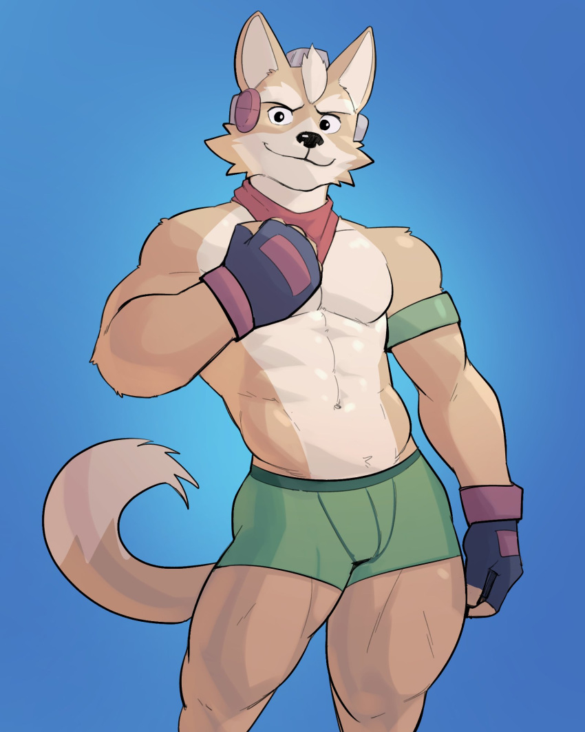 2022 abs anthro armband big_muscles blue_background briefs bulge canid canine clothed clothing eyebrows fingerless_gloves fox fox_mccloud fur gloves hair handwear headgear hi_res jrjresq looking_at_viewer male mammal muscular muscular_anthro muscular_male navel neckerchief nintendo obliques pecs simple_background smile solo standing star_fox topless topless_anthro topless_male tuft underwear video_games