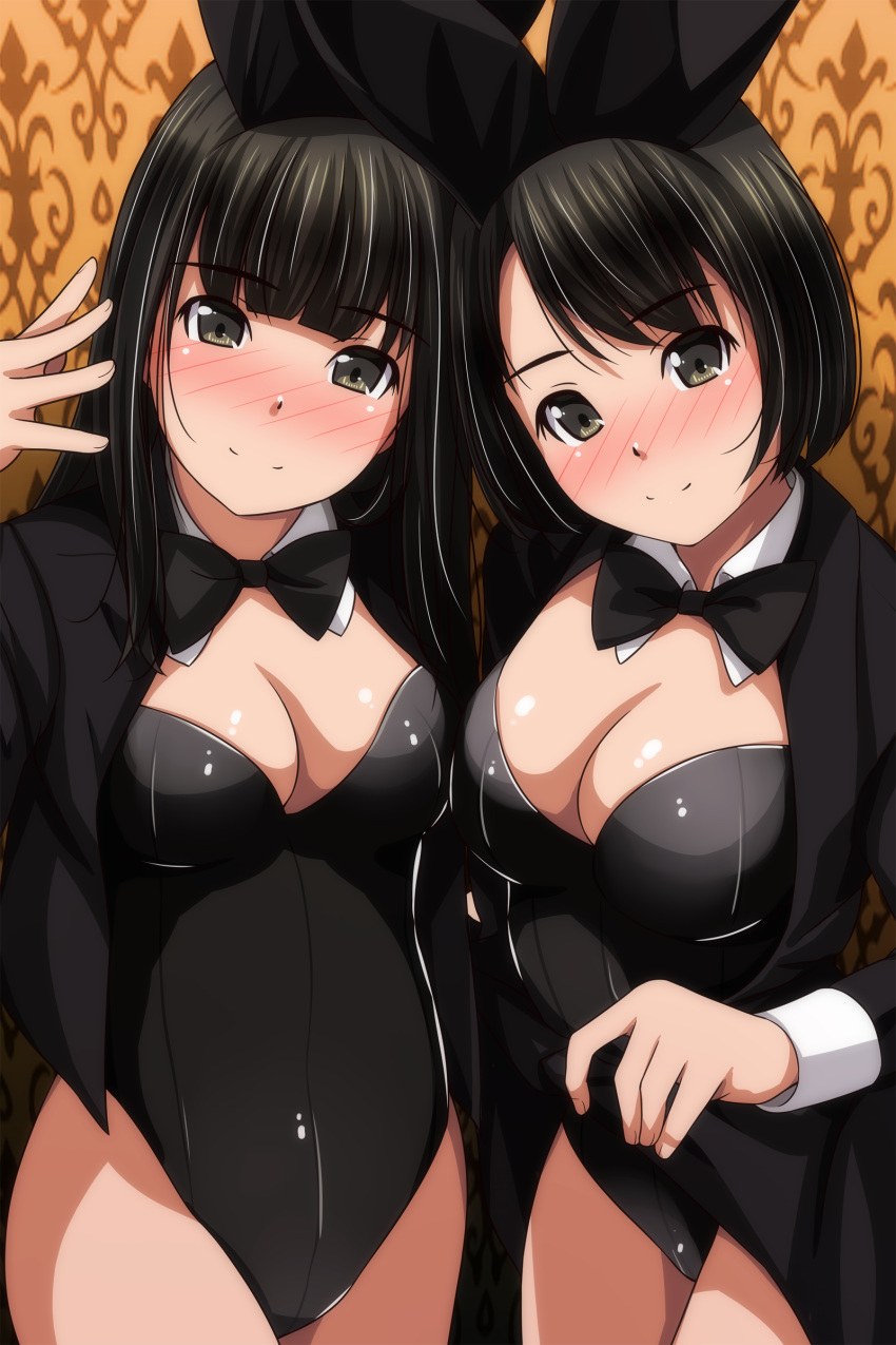 2girls absurdres animal_ears bare_legs black_bow black_bowtie black_eyes black_hair black_jacket black_leotard bow bowtie breasts cleavage cowboy_shot detached_collar highres jacket large_breasts leotard long_hair looking_at_viewer matsunaga_kouyou multiple_girls original playboy_bunny rabbit_ears short_hair standing strapless strapless_leotard wrist_cuffs