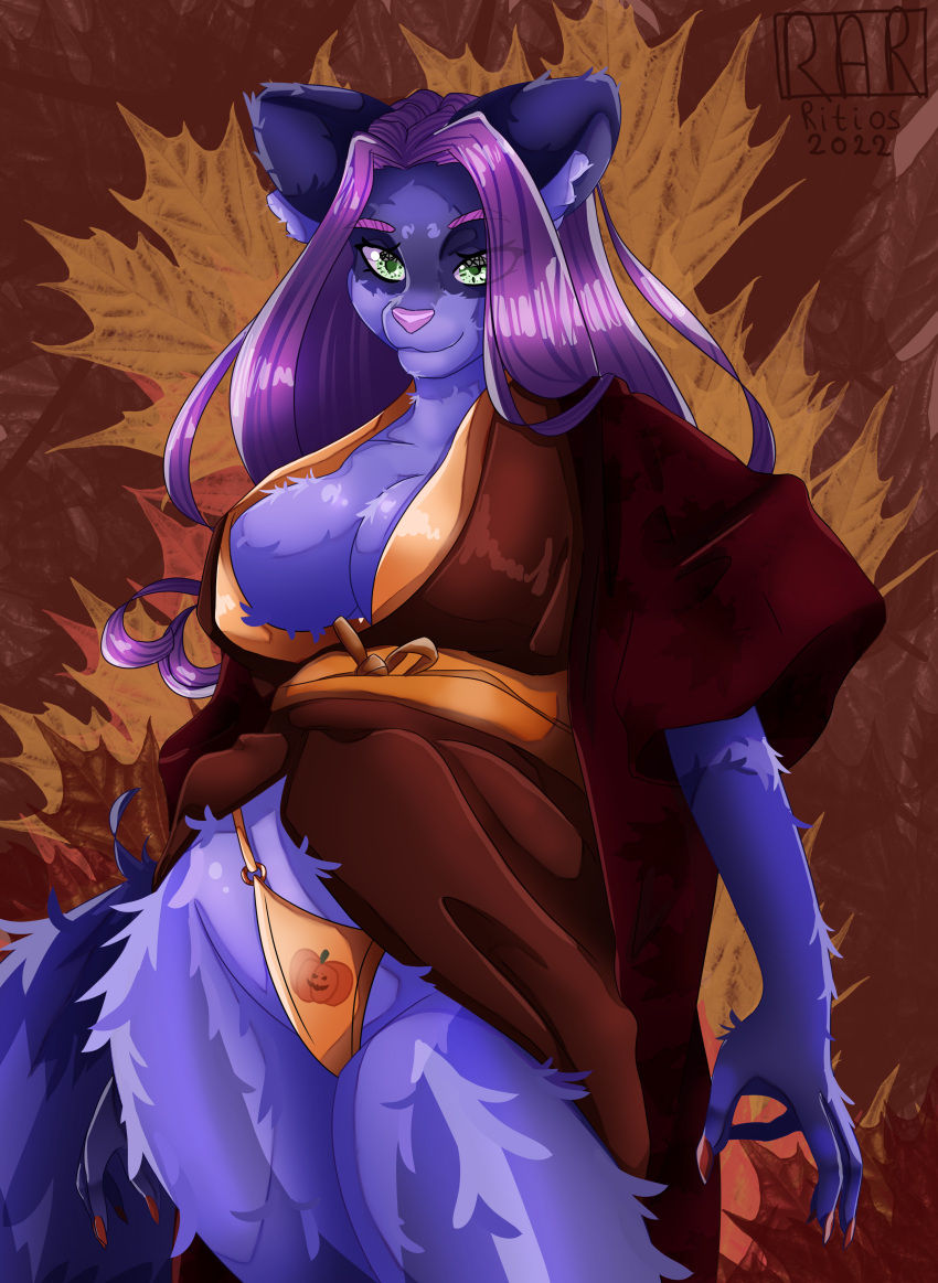 absurd_res anthro asian_clothing big_breasts breasts clothed clothing curvaceous curvy_figure east_asian_clothing female halloween hi_res holidays japanese_clothing kimono looking_at_viewer mammal procyonid raccoon ritios simple_background smile solo voluptuous