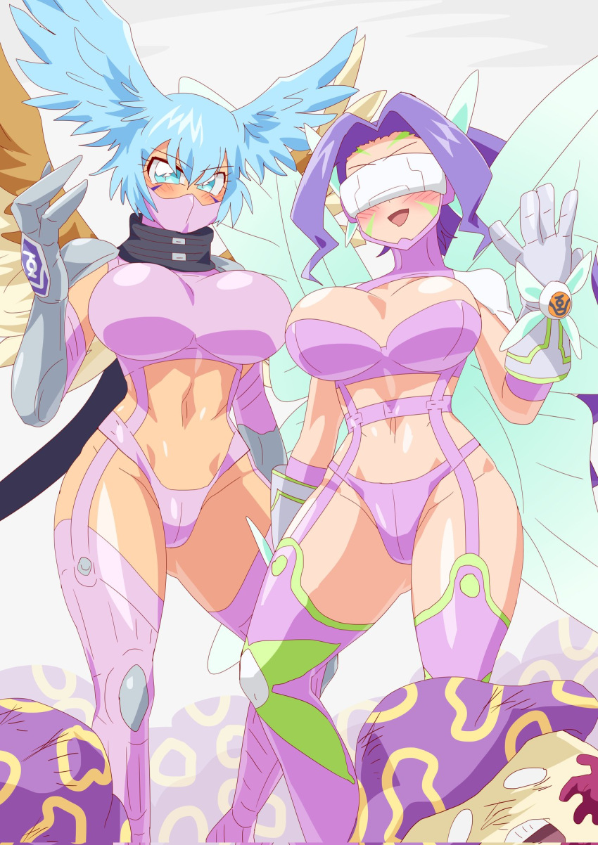 2girls blue_eyes blue_hair boots breasts butterfly_hair_ornament butterfly_wings covered_eyes digimon digimon_(creature) digimon_frontier facial_mark fairymon feathered_wings feet_out_of_frame garter_straps gloves hair_ornament hair_wings head-mounted_display highres long_hair looking_at_viewer mask midriff mouth_mask multiple_girls navel open_mouth otokamu purple_hair short_hair shutumon smile swimsuit thigh_boots thighhighs wings