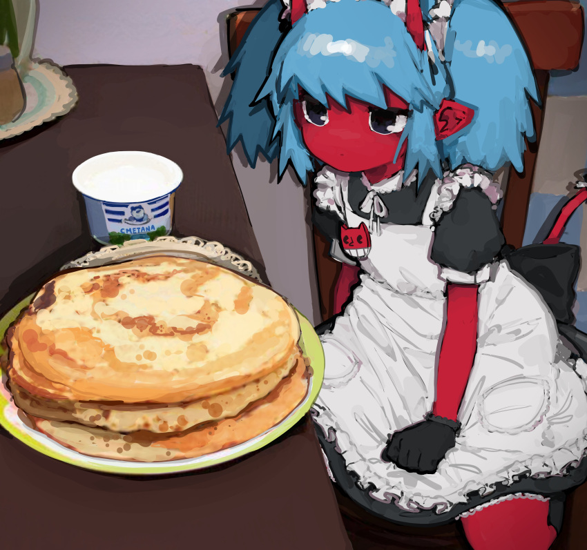 absurdres apron blue_hair colored_skin demon_girl demon_horns derivative_work food highres horns iamgod_0526 jazz_(blini_cat) maid maid_apron maid_headdress on_chair original pancake pancake_stack red_skin screencap_redraw yogurt