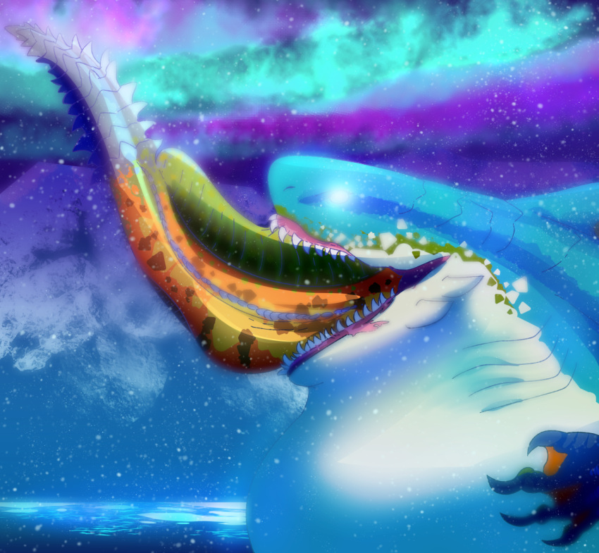 2022 abdominal_bulge ambiguous_gender amphibian_(mh) aurora_borealis blue_body capcom claws detailed_background digital_drawing_(artwork) digital_media_(artwork) duo feral leviathan_(mh) ludroth monster_hunter multicolored_body open_mouth oral_vore outside raised_tail royal_ludroth scalie sea shaded sharp_teeth size_difference sky snow snowing soft_vore swallowing teeth two_tone_body video_games vore vornymon water white_body white_eyes yellow_body zamtrios