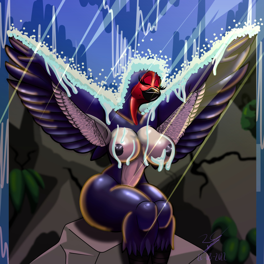 absurd_res anthro avian big_breasts bird blue_body breasts curvaceous curvy_figure eyes_closed female feral hi_res humanoid irc_(artist) nipples presenting relaxing shower sitting solo solo_focus stephanie_(irc) thick_thighs voluptuous