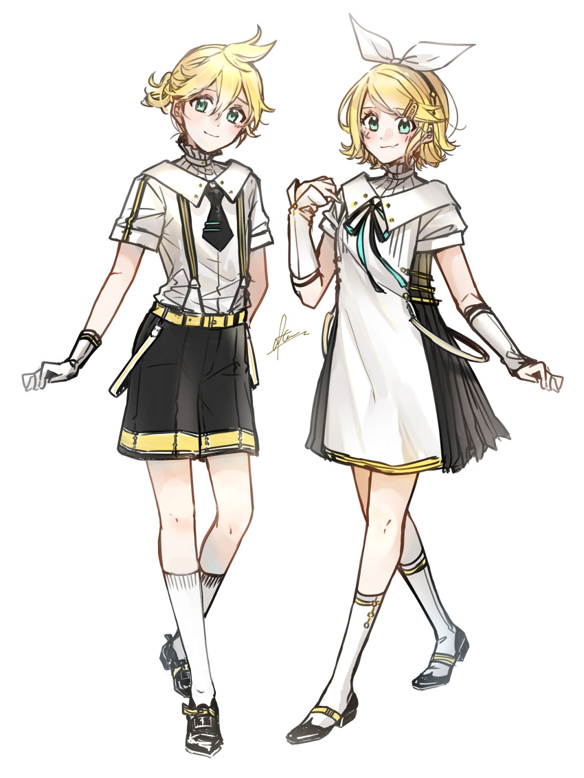 1boy 1girl absurdres after0217 aqua_eyes bangs black_footwear black_necktie black_shorts blonde_hair blush bow bow_hairband closed_mouth dress fang gloves hair_between_eyes hair_bow hairband hand_up high_collar highres instrument_hair_ornament kagamine_len kagamine_rin kneehighs light_blush looking_at_viewer mary_janes miku_symphony_(vocaloid) neck_ribbon necktie parted_bangs ribbon shirt shoes short_hair short_necktie short_ponytail short_sleeves shorts signature simple_background skin_fang smile socks standing suspender_shorts suspenders two-sided_ribbon vocaloid white_background white_bow white_dress white_gloves white_shirt white_socks