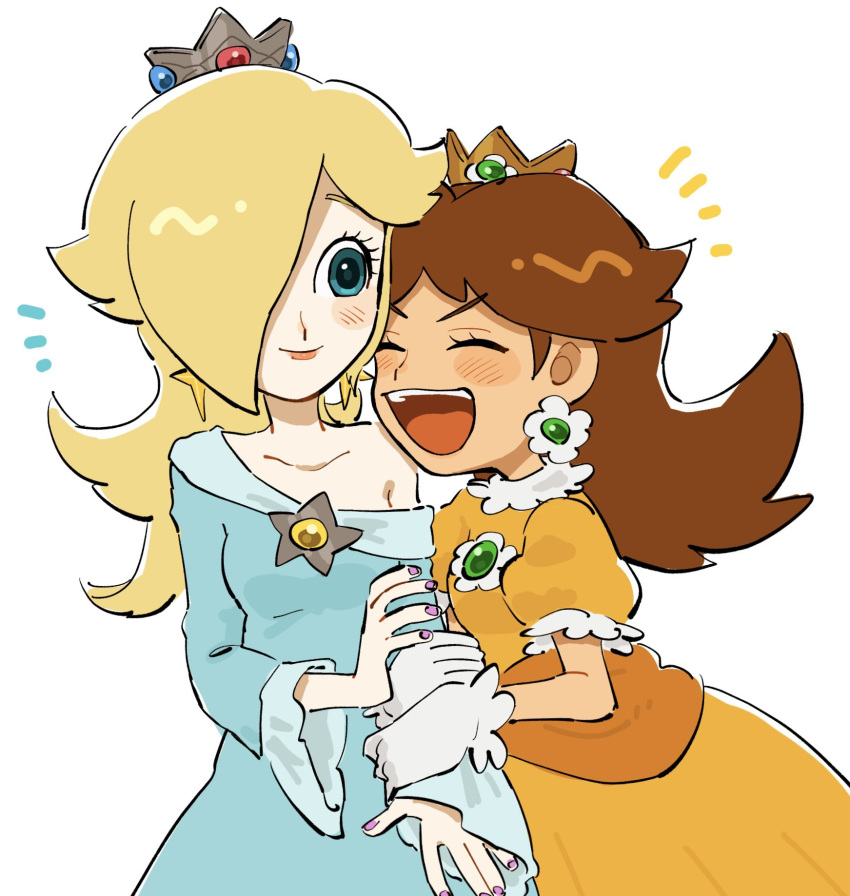 2girls blonde_hair blue_dress blue_eyes blush_stickers brown_hair crown dress gloves highres holding_another's_arm mario_(series) mimimi_(mimimim9999) multiple_girls princess_daisy purple_nails rosalina single_bare_shoulder smile white_gloves yellow_dress