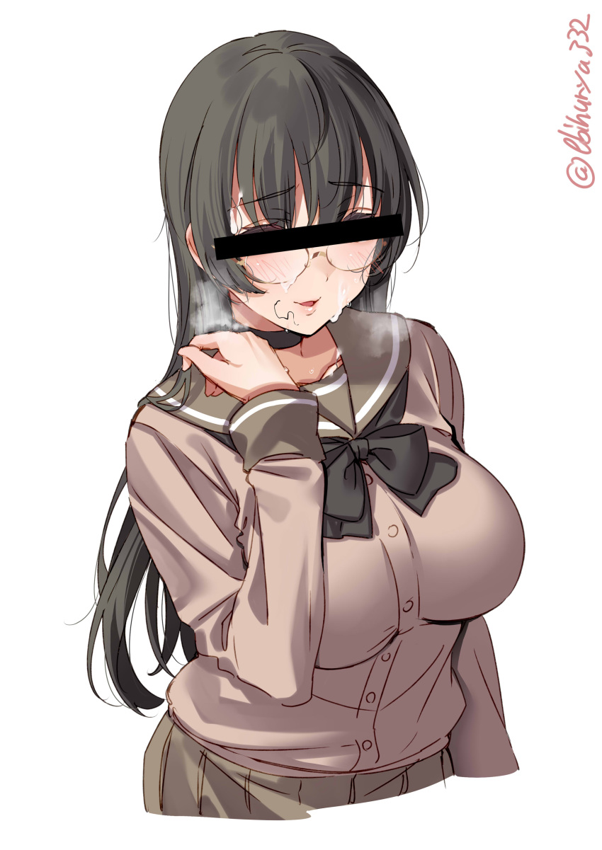 1girl absurdres alternate_costume bar_censor black_hair blush breasts brown_skirt buttons censored choukai_(kancolle) covered_eyes ebifurya glasses highres kantai_collection large_breasts long_hair long_sleeves open_mouth pleated_skirt red_eyes rimless_eyewear school_uniform simple_background skirt smile solo twitter_username upper_body white_background