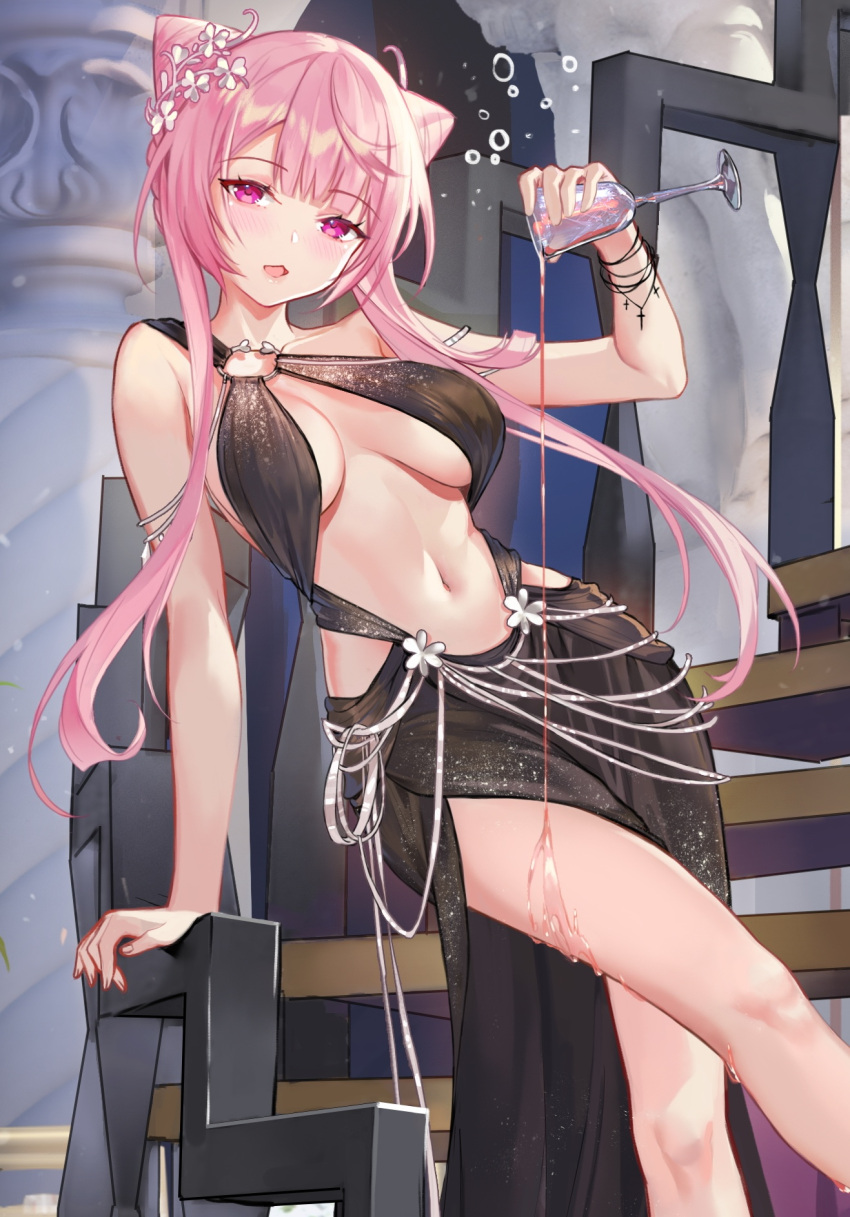 1girl arm_support bangs bare_arms black_dress blush breasts breasts_apart cone_hair_bun copyright_request criin cup double_bun dress hair_bun hair_ornament highres holding holding_cup long_hair navel o-ring_dress open_mouth pink_eyes pink_hair pouring pouring_onto_self sleeveless sleeveless_dress solo stomach