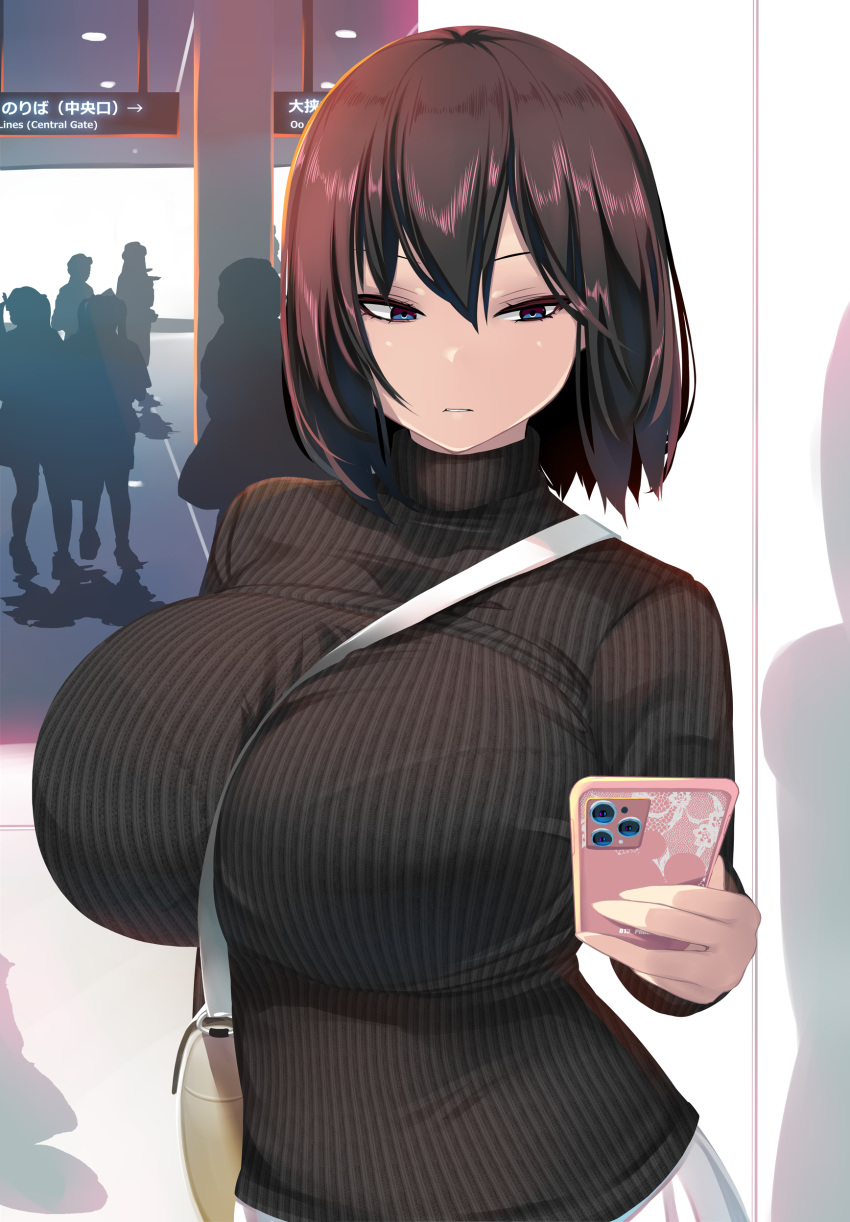 1girl absurdres bag between_breasts black_hair black_sweater blue_eyes bra_visible_through_clothes breasts carrying_bag cellphone commentary_request hair_between_eyes hand_up hayakawa_mayumi highres holding holding_phone huge_breasts looking_at_phone medium_hair original phone ribbed_sweater shiki_(psychedelic_g2) shoulder_bag silhouette smartphone solo_focus strap_between_breasts sweater train_station turtleneck turtleneck_sweater upper_body